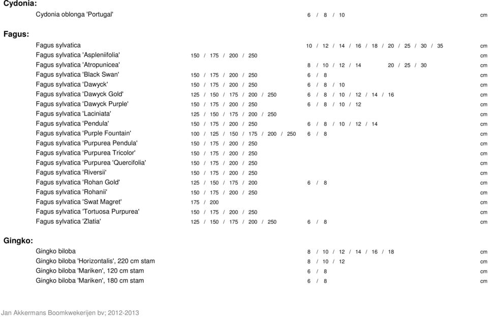 125 / 150 / 175 / 200 / 250 6 / 8 / 10 / 12 / 14 / 16 cm Fagus sylvatica 'Dawyck Purple' 150 / 175 / 200 / 250 6 / 8 / 10 / 12 cm Fagus sylvatica 'Laciniata' 125 / 150 / 175 / 200 / 250 cm Fagus