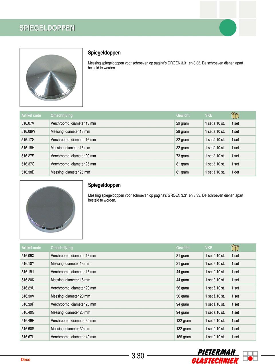 1 set 516.37C Verchroomd, diameter 25 mm 81 gram 1 set à 10 st. 1 set 516.38D Messing, diameter 25 mm 81 gram 1 set à 10 st.