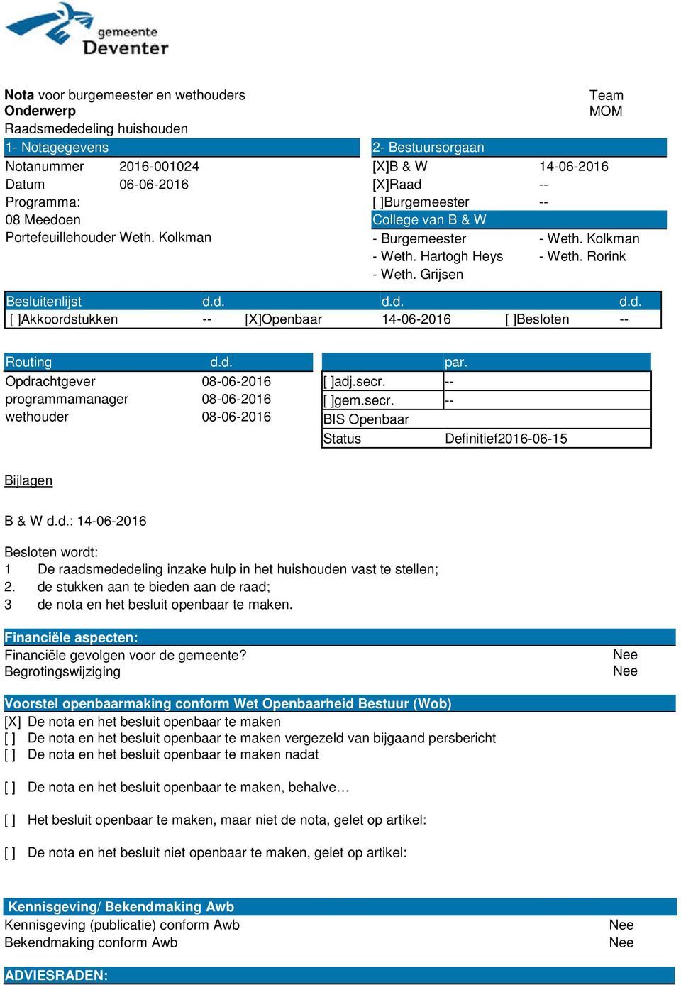 Grijsen Besluitenlijst d.d. d.d. d.d. [ ]Akkoordstukken -- [X]Openbaar 14-06-2016 [ ]Besloten -- Routing d.d. Opdrachtgever 08-06-2016 programmamanager 08-06-2016 wethouder 08-06-2016 par. [ ]adj.