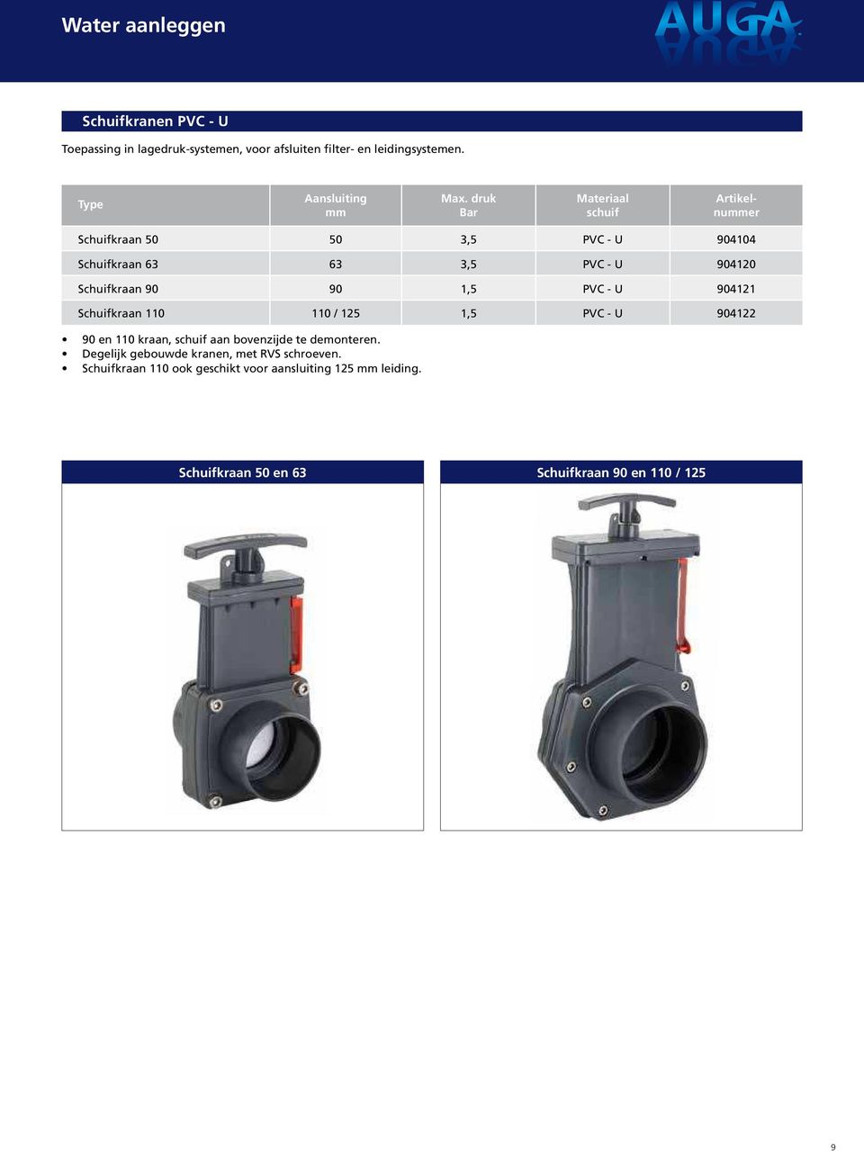 - U 904121 Schuifkraan 110 110 / 125 1,5 PVC - U 904122 90 en 110 kraan, schuif aan bovenzijde te demonteren.