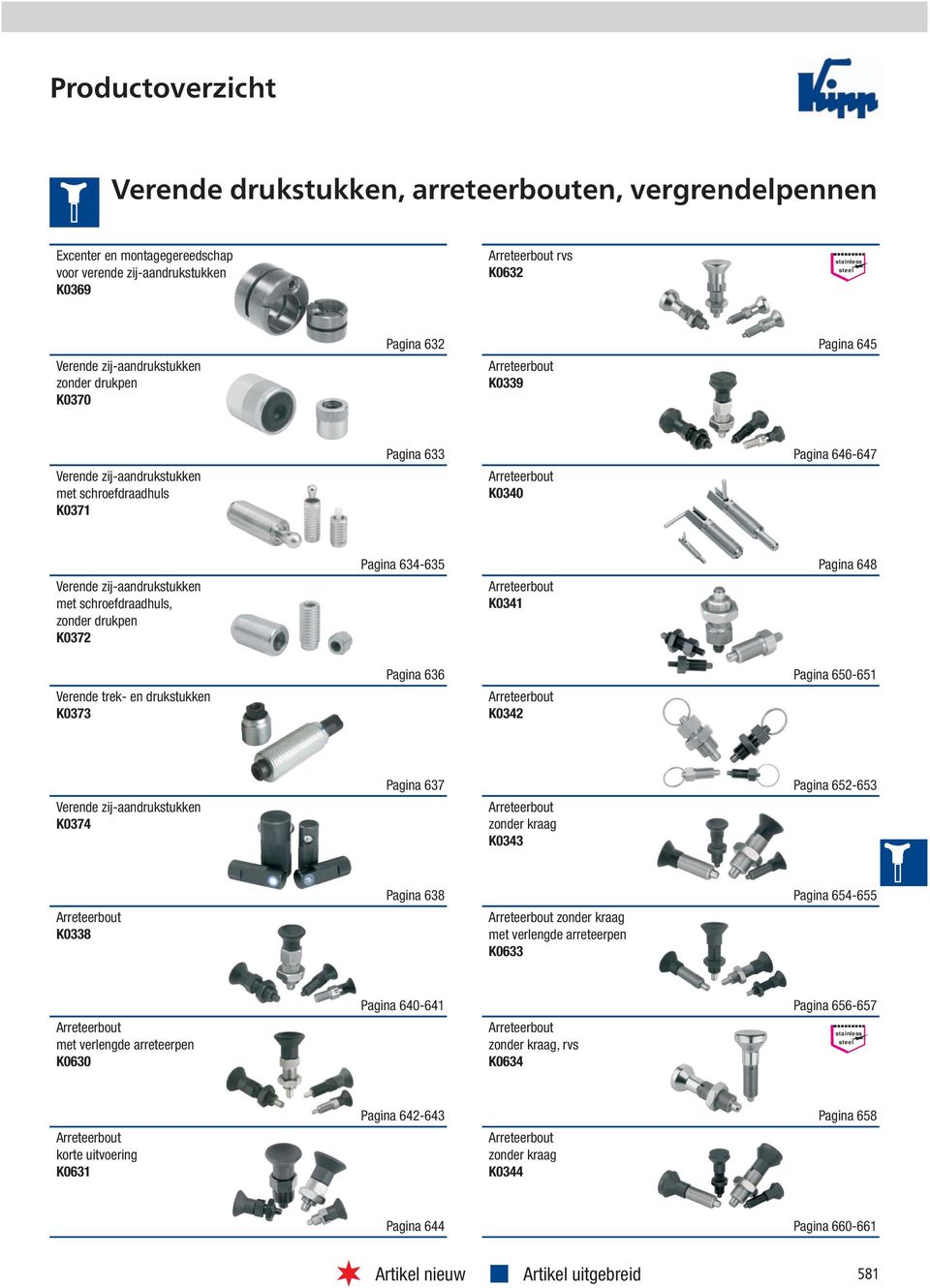 schroefdraadhuls, zonder drukpen K0372 Verende trek- en drukstukken K0373 Pagina 634-635 Pagina 636 Arreteerbout K0341 Arreteerbout K0342 Pagina 648 Pagina 650-651 Verende zij-aandrukstukken K0374