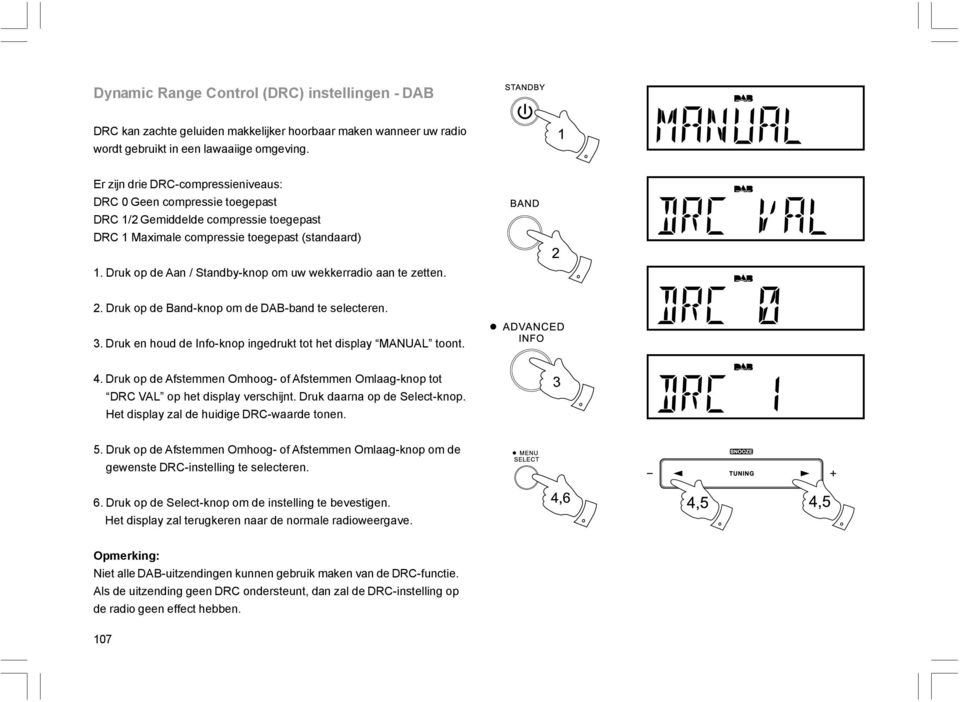 Druk op de Aan / Standby-knop om uw wekkerradio aan te zetten. 2. Druk op de Band-knop om de DAB-band te selecteren. 3. Druk en houd de Info-knop ingedrukt tot het display MANUAL toont. 4.