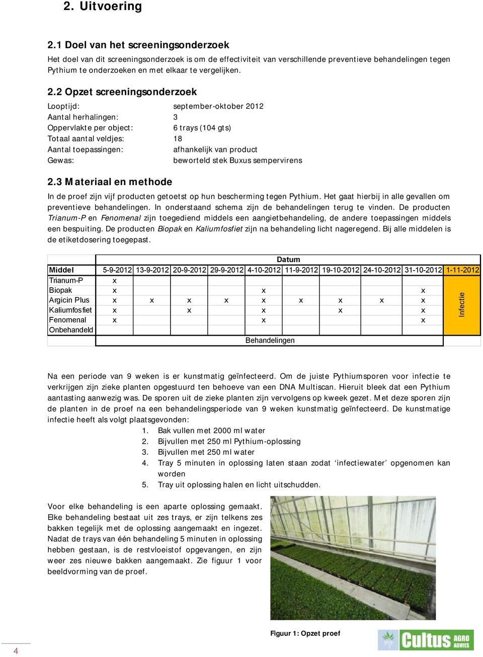 2 Opzet screeningsonderzoek Looptijd: september-oktober 2012 Aantal herhalingen: 3 Oppervlakte per object: 6 trays (104 gts) Totaal aantal veldjes: 18 Aantal toepassingen: afhankelijk van product