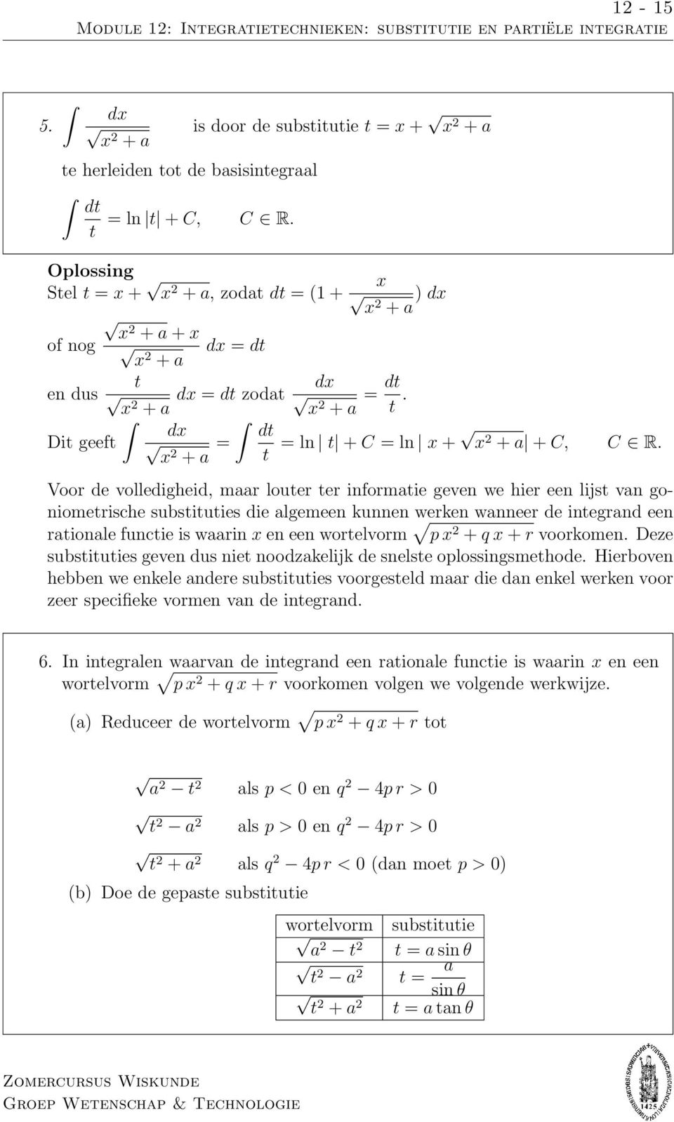 Voor de volledigheid, mr louter ter informtie geven we hier een lijst vn goniometrische substituties die lgemeen kunnen werken wnneer de integrnd een rtionle functie is wrin x en een wortelvorm p x +