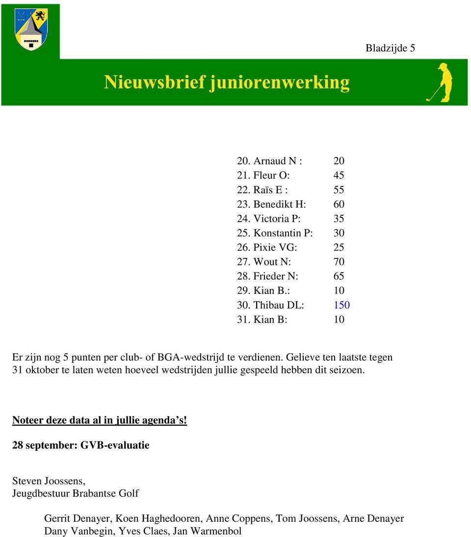 Gelieve ten laatste tegen 31 oktober te laten weten hoeveel wedstrijden jullie gespeeld hebben dit seizoen. Noteer deze data al in jullie agenda s!