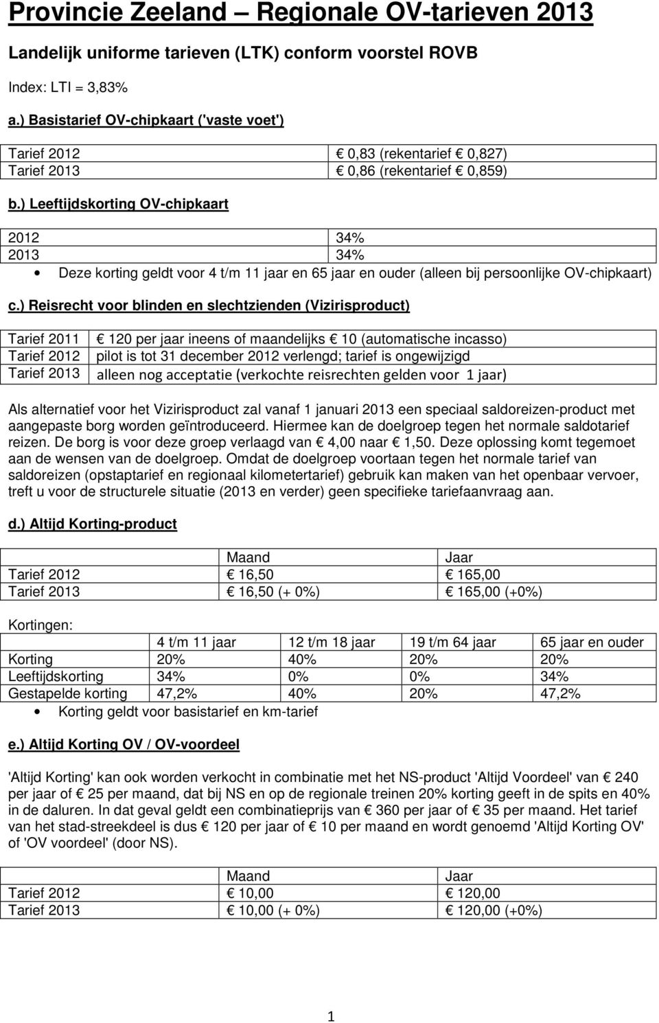 ) Leeftijdskorting OV-chipkaart 2012 34% 2013 34% Deze korting geldt voor 4 t/m 11 jaar en 65 jaar en ouder (alleen bij persoonlijke OV-chipkaart) c.