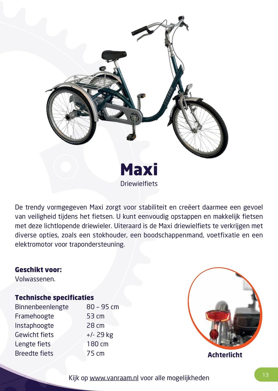 Uiteraard is de Maxi driewielfiets te verkrijgen met diverse opties, zoals een stokhouder, een boodschappenmand, voetfixatie en een elektromotor voor