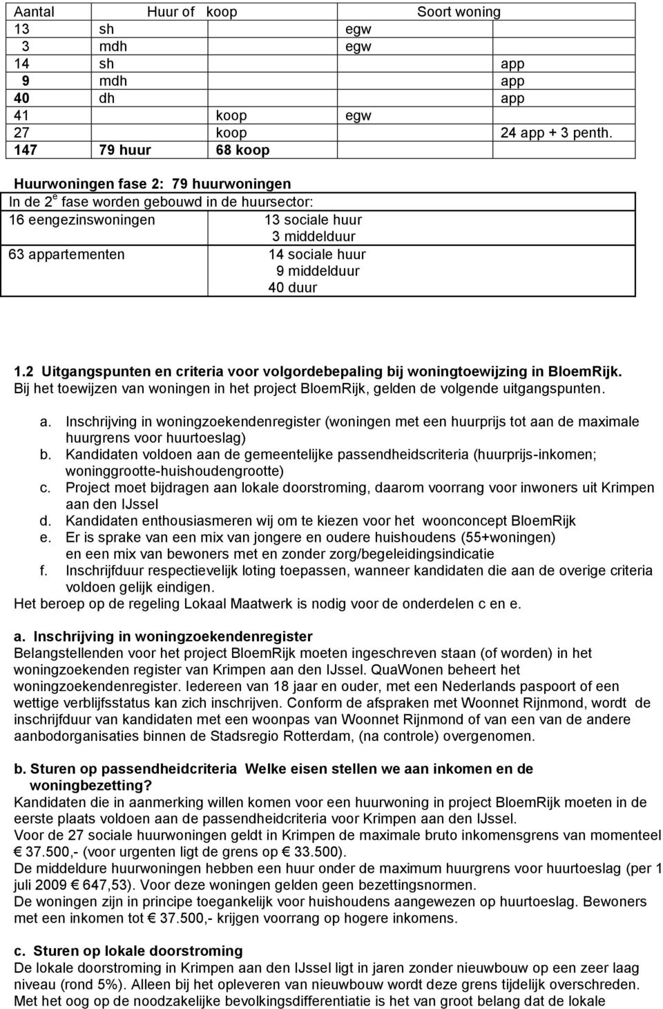 middelduur 40 duur 1.2 Uitgangspunten en criteria voor volgordebepaling bij woningtoewijzing in BloemRijk. Bij het toewijzen van woningen in het project BloemRijk, gelden de volgende uitgangspunten.