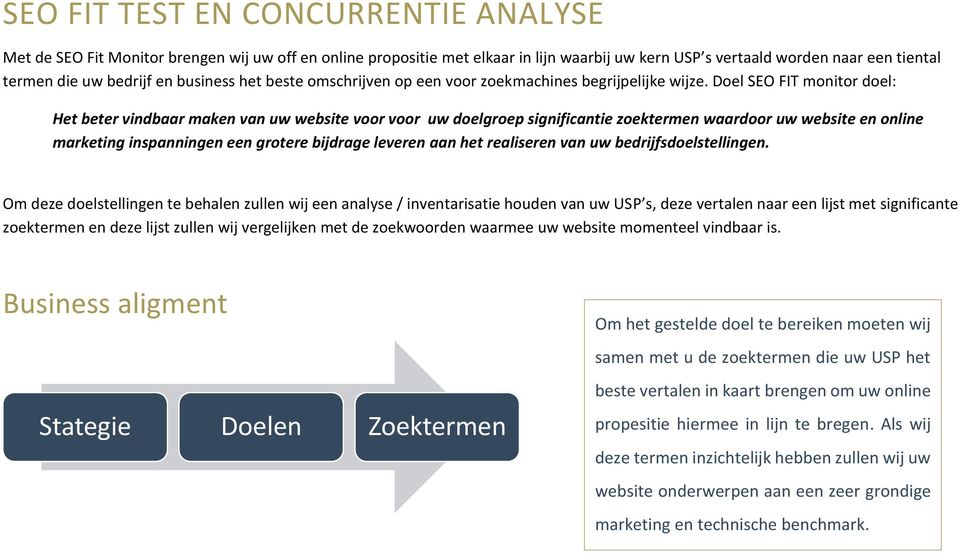 Doel SEO FIT monitor doel: Het beter vindbaar maken van uw website voor voor uw doelgroep significantie zoektermen waardoor uw website en online marketing inspanningen een grotere bijdrage leveren