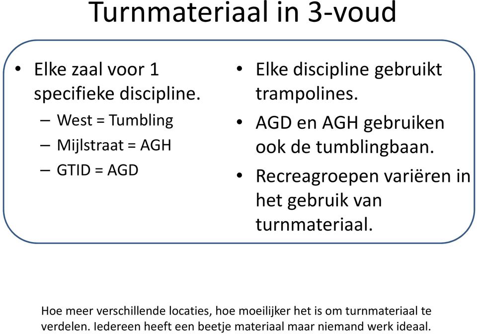 West = Tumbling AGD en AGH gebruiken Mijlstraat = AGH ook de tumblingbaan.