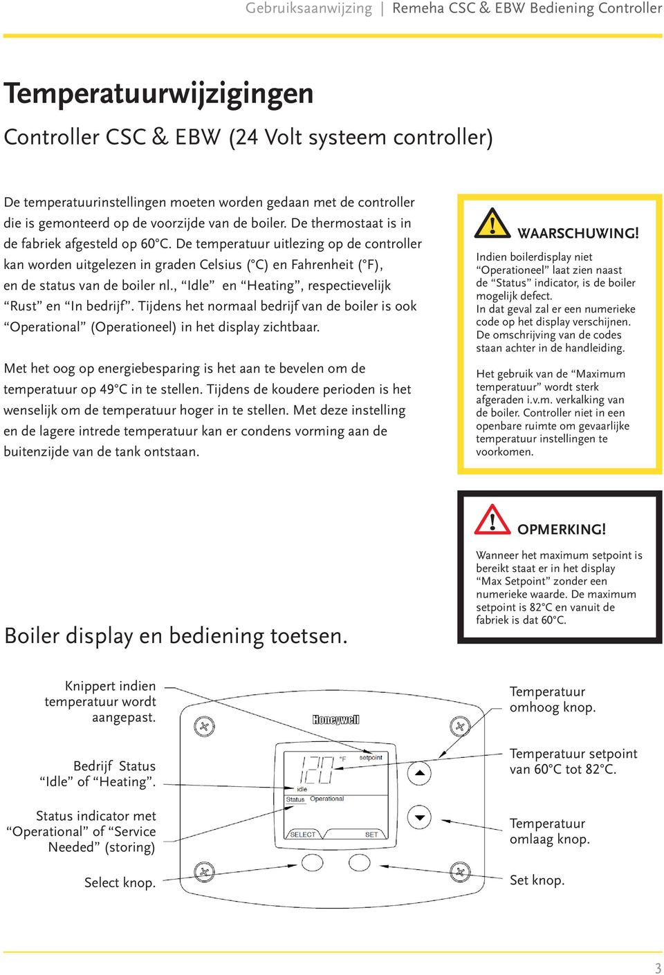 , Idle en Heating, respectievelijk Rust en In bedrijf. Tijdens het normaal bedrijf van de boiler is ook Operational (Operationeel) in het display zichtbaar.