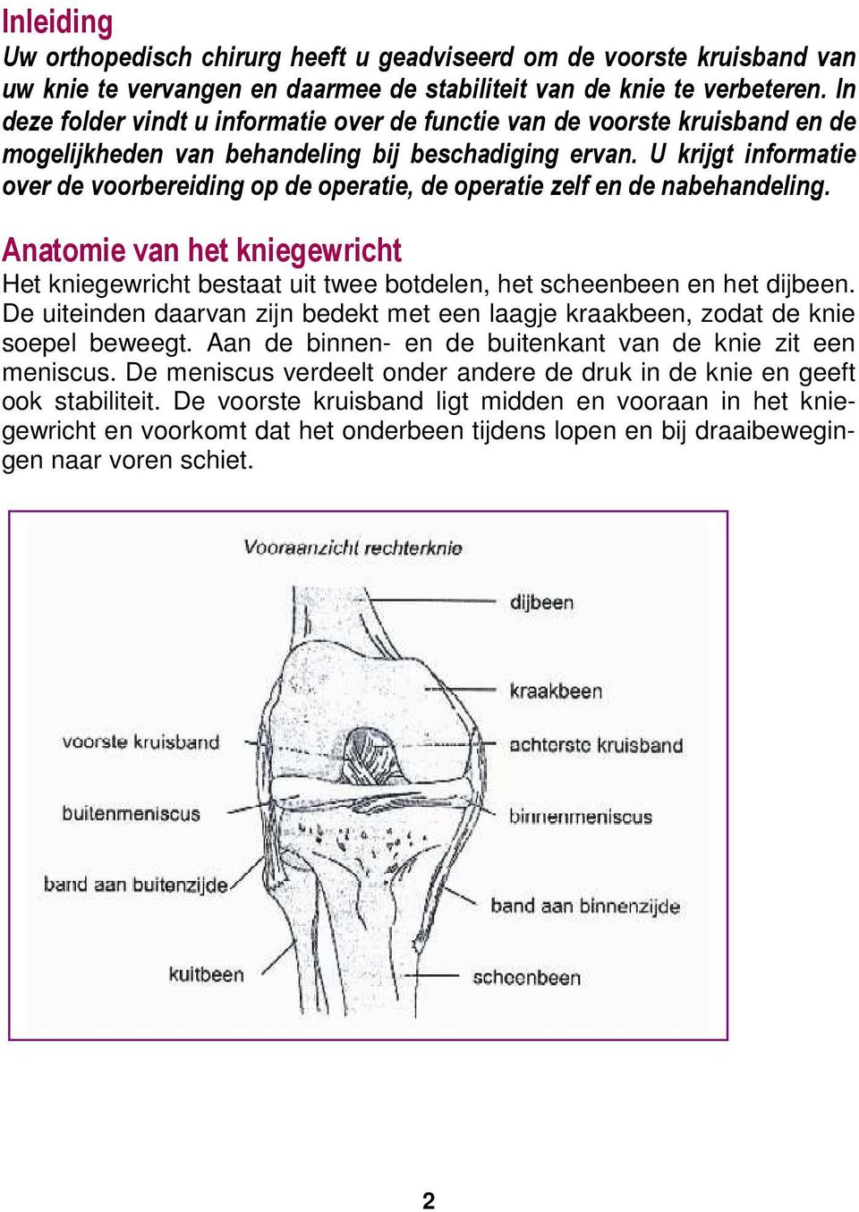 U krijgt informatie over de voorbereiding op de operatie, de operatie zelf en de nabehandeling. Anatomie van het kniegewricht Het kniegewricht bestaat uit twee botdelen, het scheenbeen en het dijbeen.
