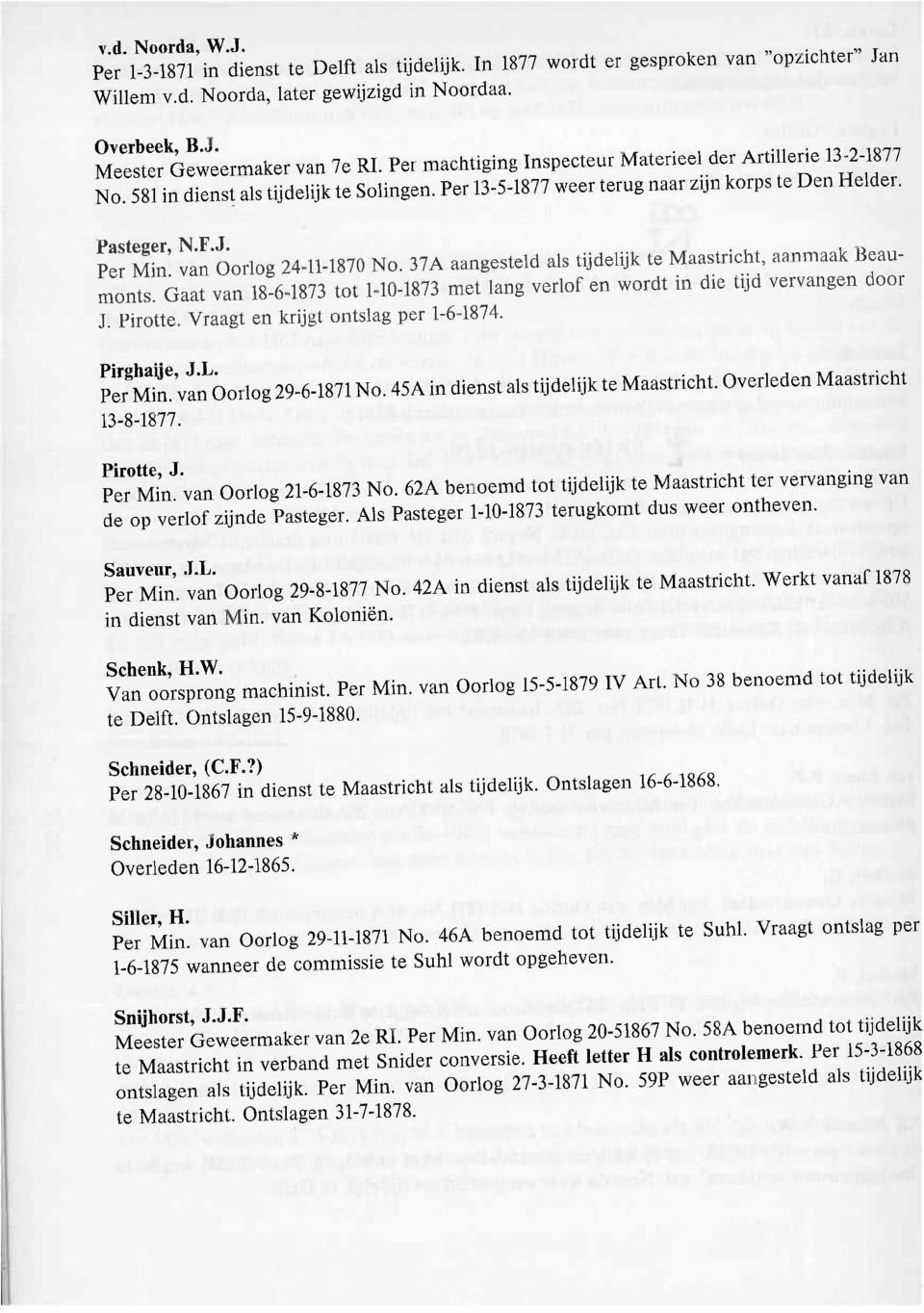 van Oorlog 24-11-1870 No. 37A aangesteld als tijdelijk te Maastricht, aanmaak Beaumonts. Gaat van 18-6-1873 tot 1-10-1873 met lang verlof en wordt in die tijd vervangen door 1. Pirotte.