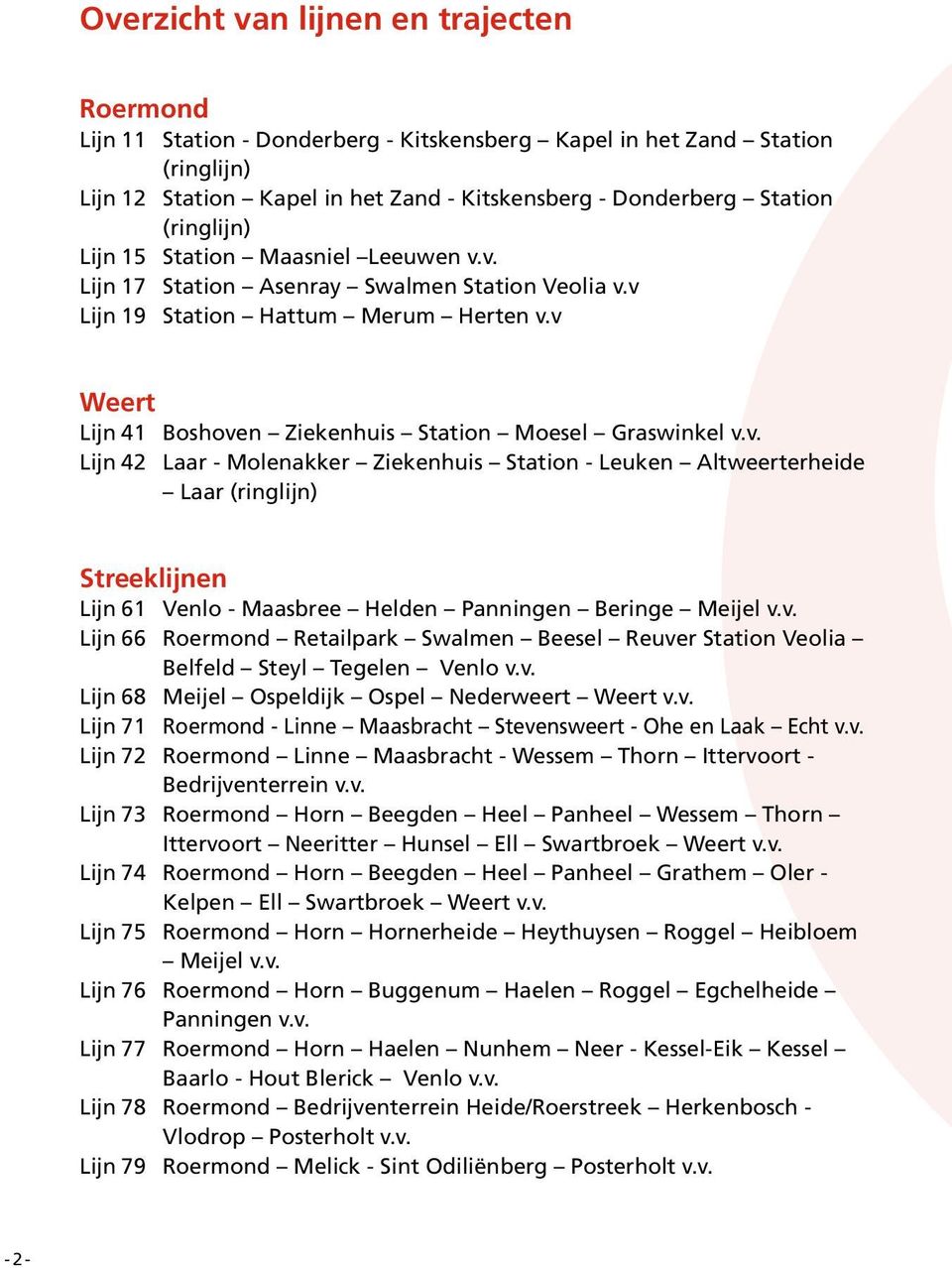 v. Lijn 66 Retailpark Swalmen Beesel Reuver Veolia Belfeld Steyl Tegelen Venlo v.v. Lijn 68 Meijel Ospeldijk Ospel Nederweert Weert v.v. Lijn 71 - Linne Maasbracht Stevensweert - Ohe en Laak Echt v.v. Lijn 72 Linne Maasbracht - Wessem Thorn Ittervoort - Bedrijventerrein v.