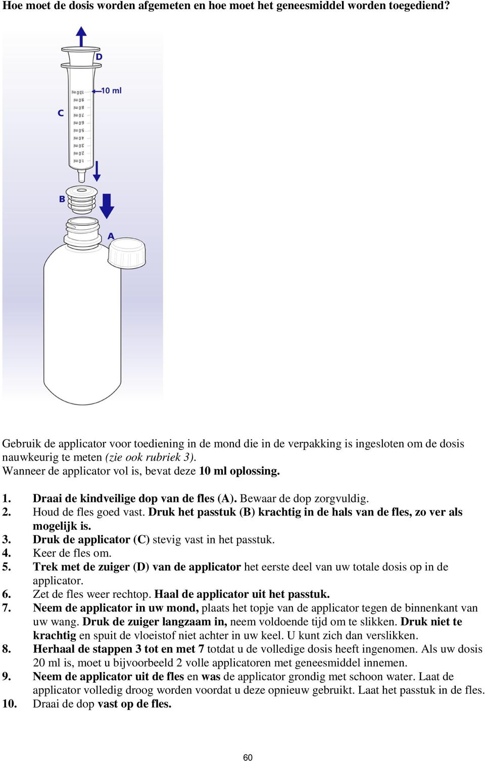 ml oplossing. 1. Draai de kindveilige dop van de fles (A). Bewaar de dop zorgvuldig. 2. Houd de fles goed vast. Druk het passtuk (B) krachtig in de hals van de fles, zo ver als mogelijk is. 3.