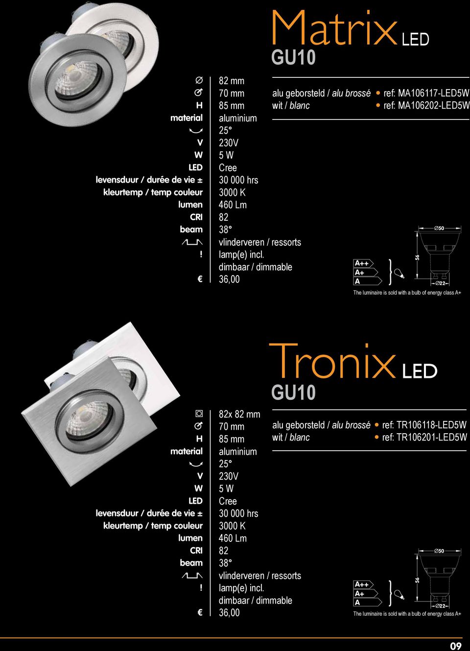 36,00 22 Â kleurtemp / temp couleur lumen Tronix x mm 70 mm alu geborsteld / alu brossé ref: