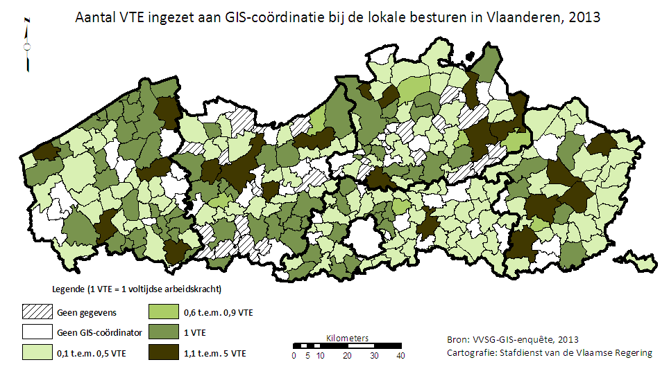 Figuur 20: Aantal VTE ingezet aan GIS-coördinatie bij de lokale besturen in Vlaanderen, 2013 Van de 308 Vlaamse gemeenten geven 52 gemeenten aan (17%) geen GIS-coördinator in dienst te hebben.