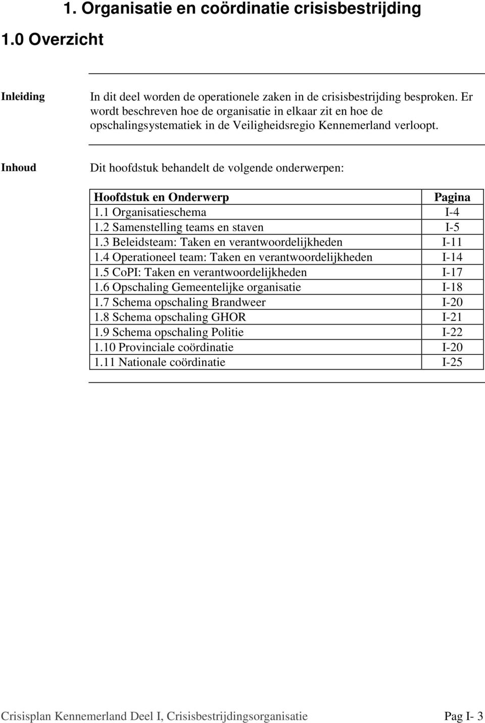 Inhoud Dit hoofdstuk behandelt de volgende onderwerpen: Hoofdstuk en Onderwerp Pagina 1.1 Organisatieschema I-4 1.2 Samenstelling teams en staven I-5 1.