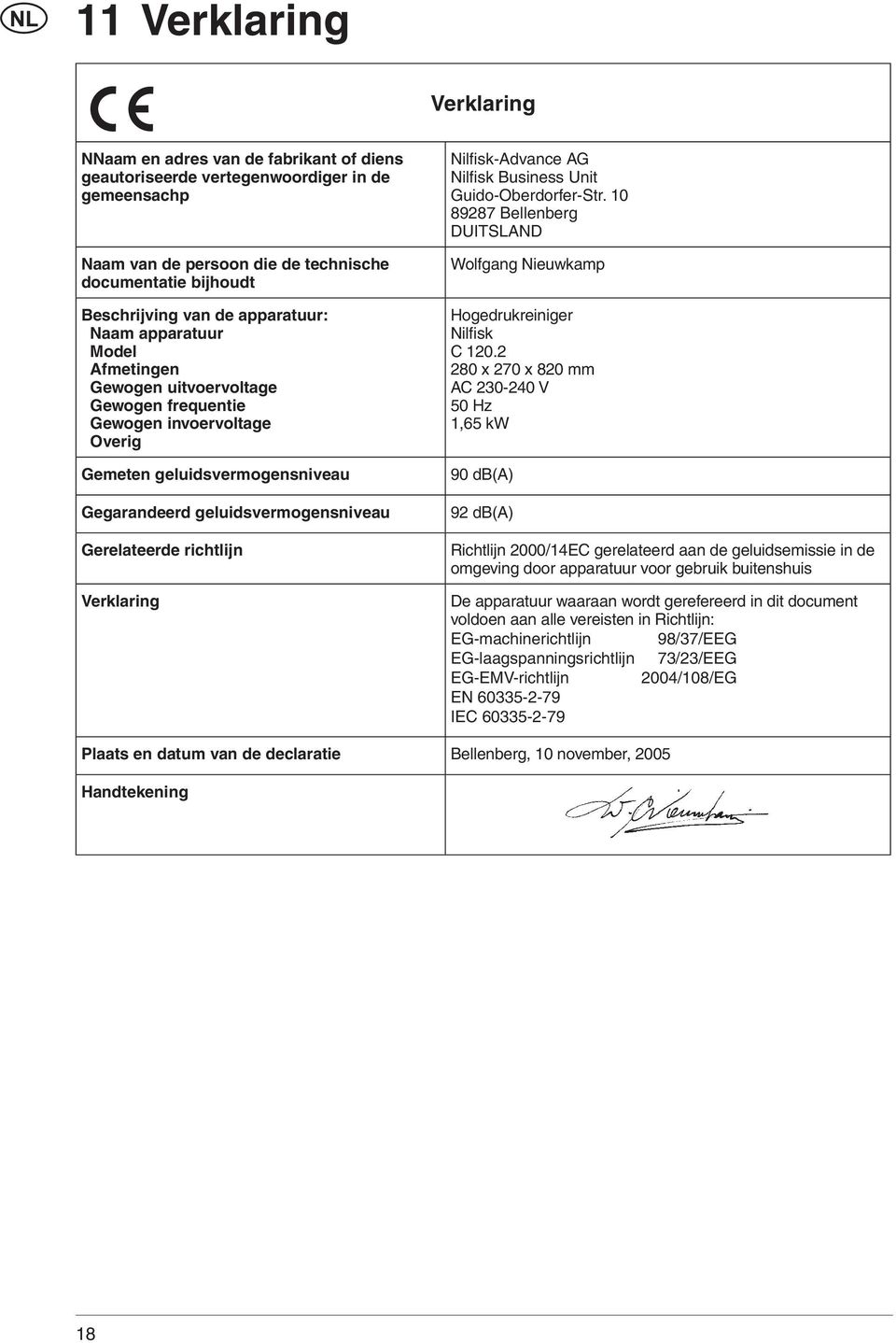 richtlijn Verklaring Nilfi sk-advance AG Nilfi sk Business Unit Guido-Oberdorfer-Str. 10 89287 Bellenberg DUITSLAND Wolfgang Nieuwkamp Hogedrukreiniger Nilfisk C 120.