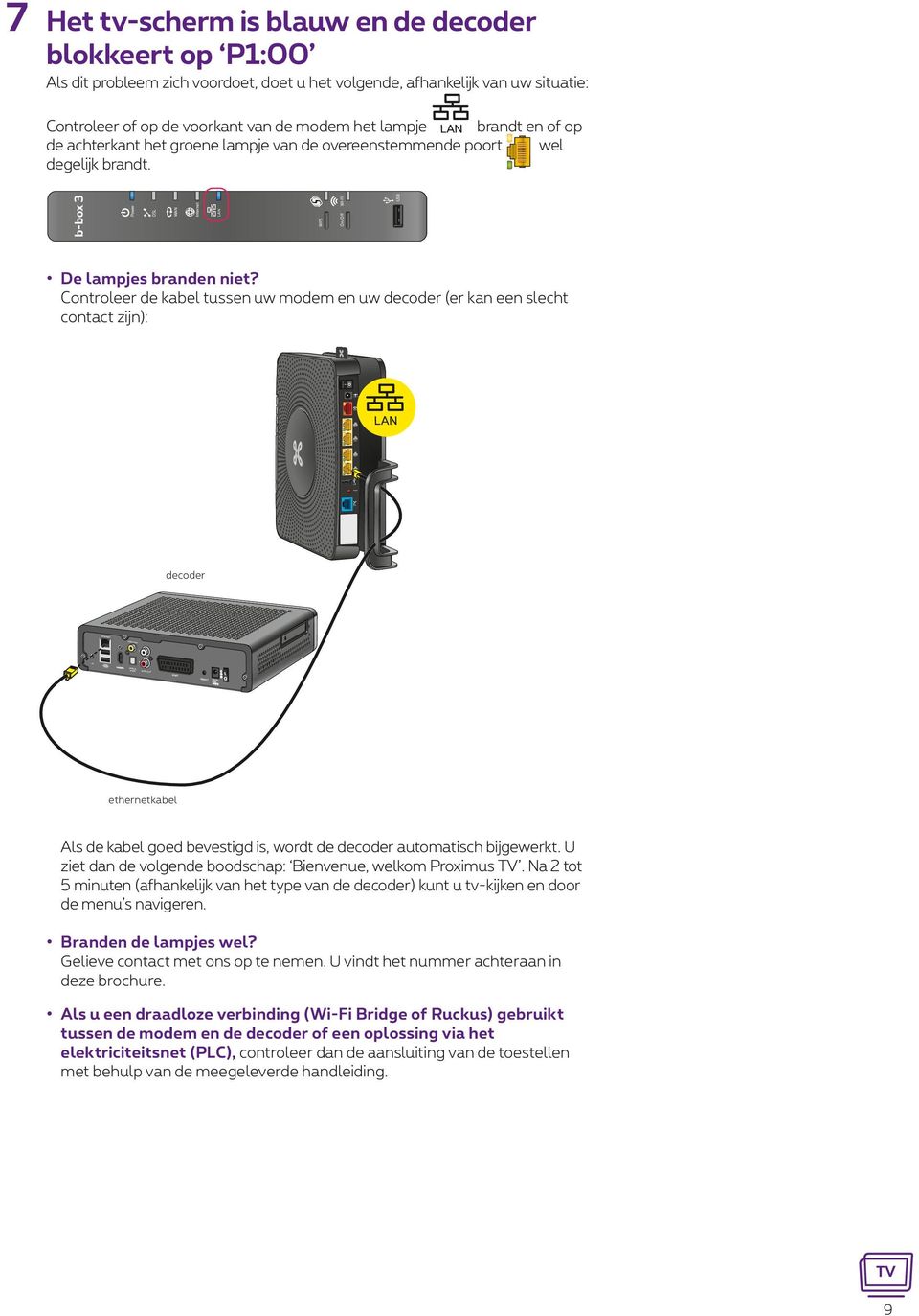 Controleer de kabel tussen uw modem en uw decoder (er kan een slecht contact zijn): decoder OPTICAL AUDIO AUDIO OUT SCART REBOOT 12V DC ethernetkabel Als de kabel goed bevestigd is, wordt de decoder