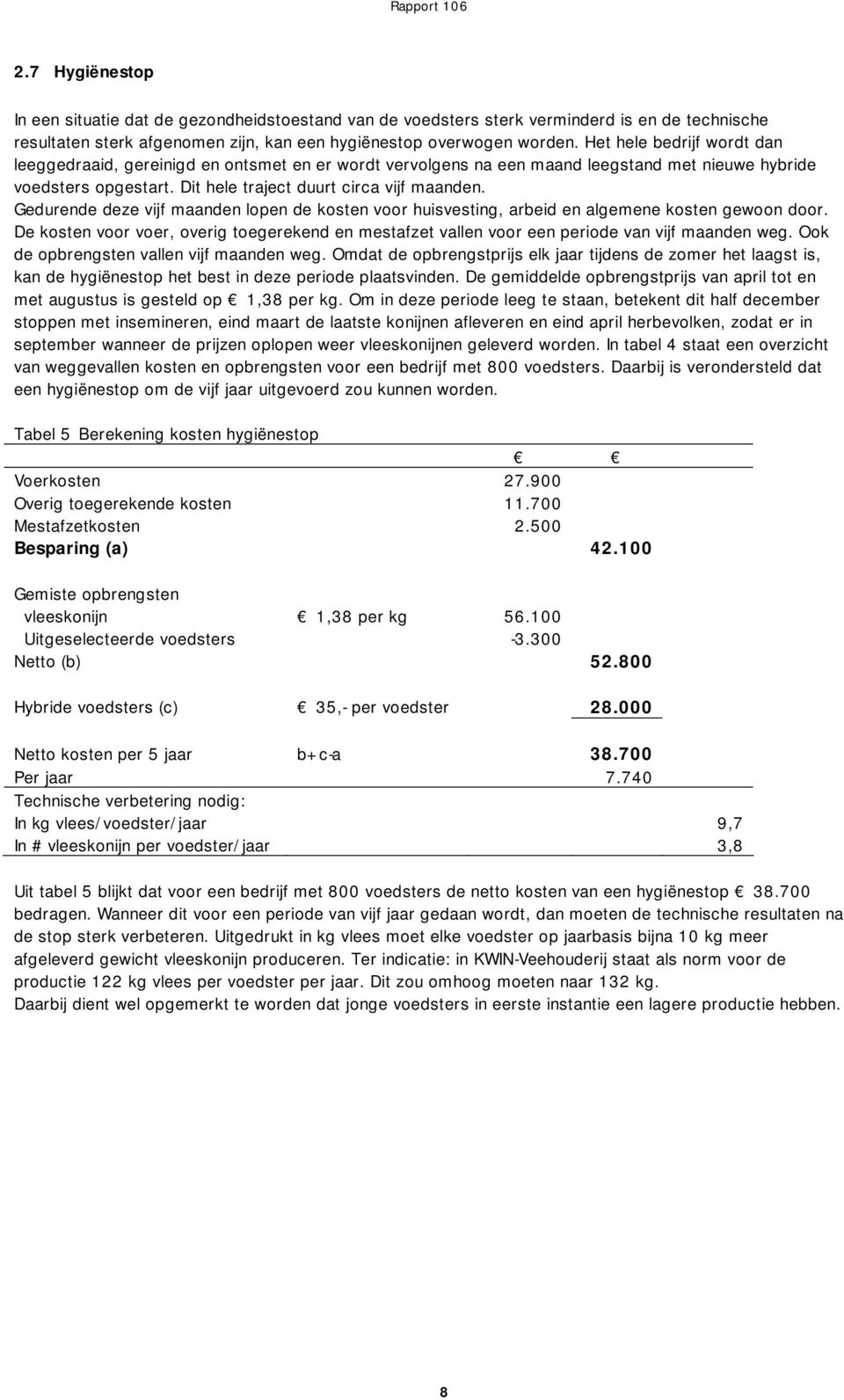 Gedurende deze vijf maanden lopen de kosten voor huisvesting, arbeid en algemene kosten gewoon door. De kosten voor voer, overig toegerekend en mestafzet vallen voor een periode van vijf maanden weg.