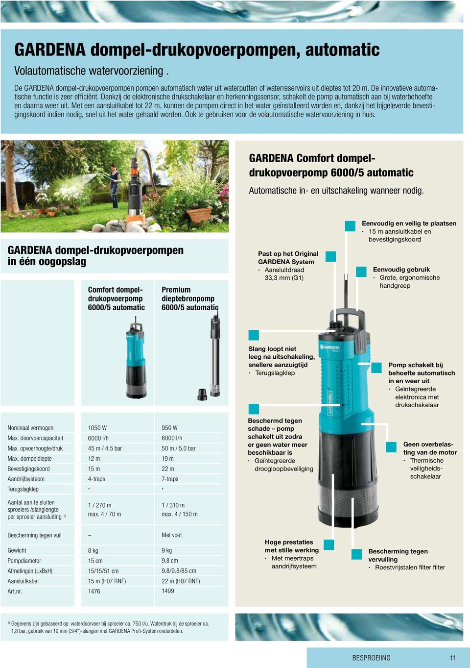 Met een aansluitkabel tot 22 m, kunnen de pompen direct in het water geïnstalleerd worden en, dankzij het bijgeleverde bevestigingskoord indien nodig, snel uit het water gehaald worden.