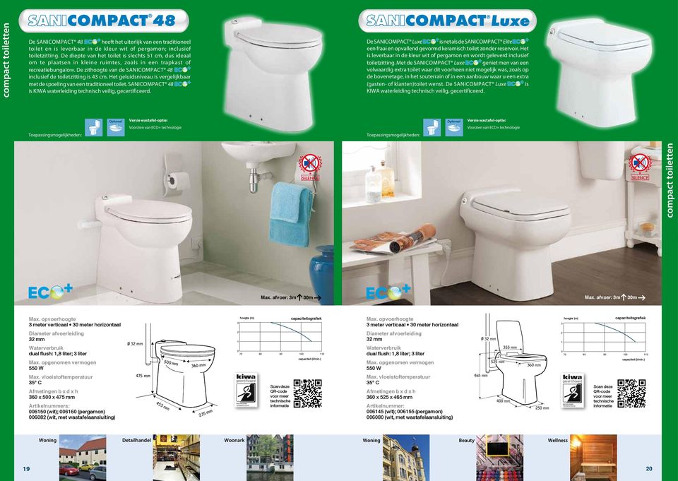 Het geluidsniveau is vergelijkbaar met de spoeling van een traditioneel toilet. SANICOMPACT is KIWA waterleiding technisch veilig, gecertificeerd.