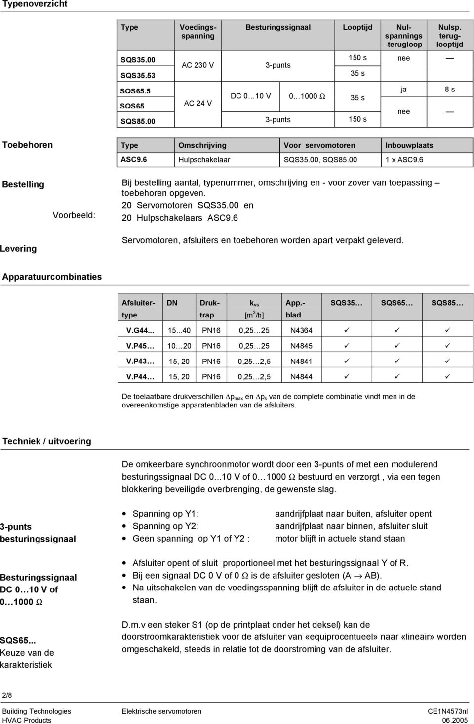 6 Bestelling Levering Voorbeeld: Bij bestelling aantal, typenummer, omschrijving en voor zover van toepassing toebehoren opgeven. 20 Servomotoren SQS35.00 en 20 Hulpschakelaars ASC9.