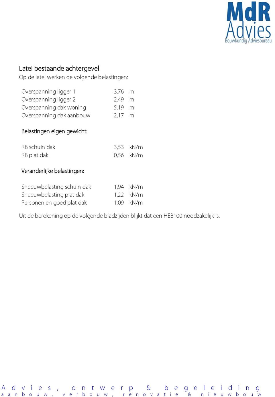 Sneeuwbelasting schuin dak 1,94 kn/m Sneeuwbelasting plat dak 1,22 kn/m Personen en goed plat dak 1,09 kn/m Uit de berekening op de volgende