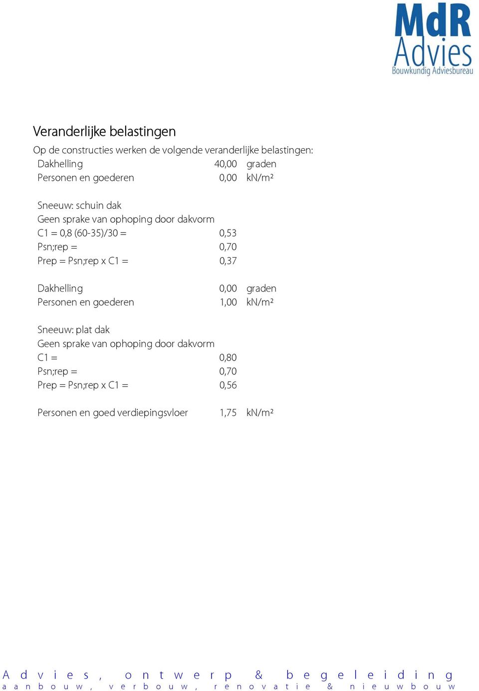 Personen en goederen 1,00 kn/m² Sneeuw: plat dak Geen sprake van ophoping door dakvorm C1 = 0,80 Psn;rep = 0,70 Prep = Psn;rep x C1 = 0,56 Personen