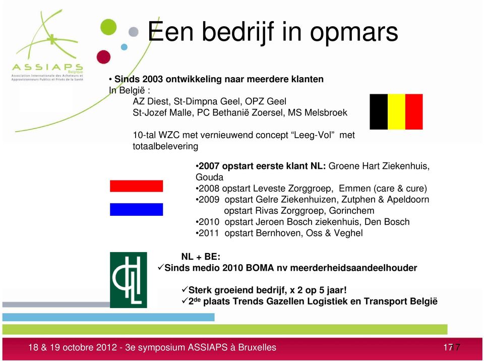 Ziekenhuizen, Zutphen & Apeldoorn opstart Rivas Zorggroep, Gorinchem 2010 opstart Jeroen Bosch ziekenhuis, Den Bosch 2011 opstart Bernhoven, Oss & Veghel NL + BE: Sinds medio 2010