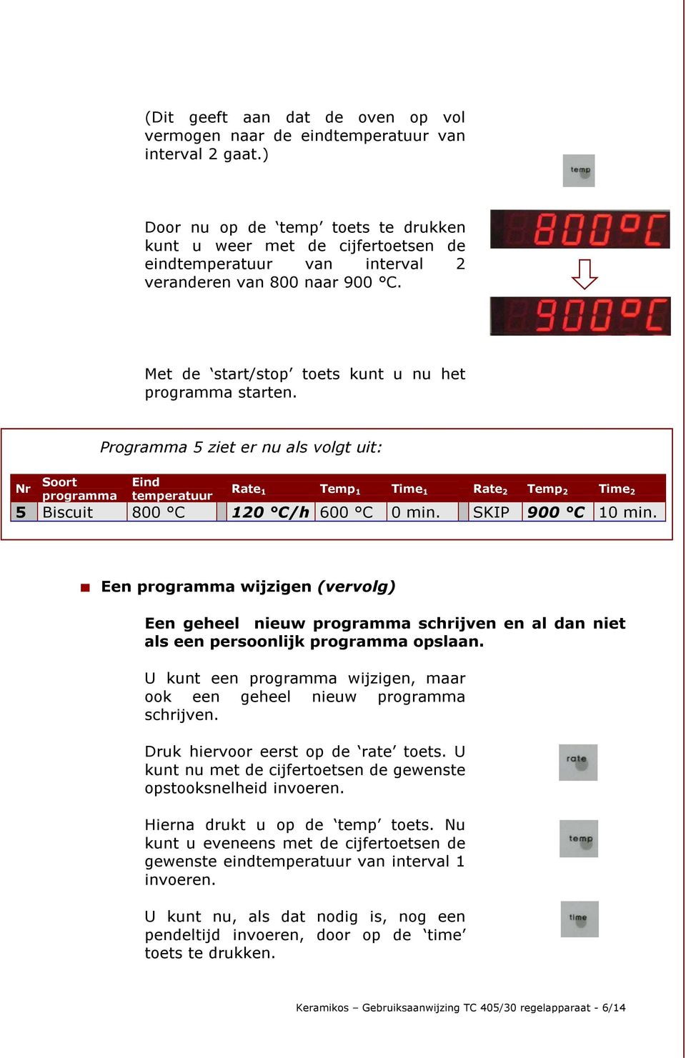 Nr Soort programma Programma 5 ziet er nu als volgt uit: Eind temperatuur Rate 1 Temp 1 Time 1 Rate 2 Temp 2 Time 2 5 Biscuit 800 C 120 C/h 600 C 0 min. SKIP 900 C 10 min.