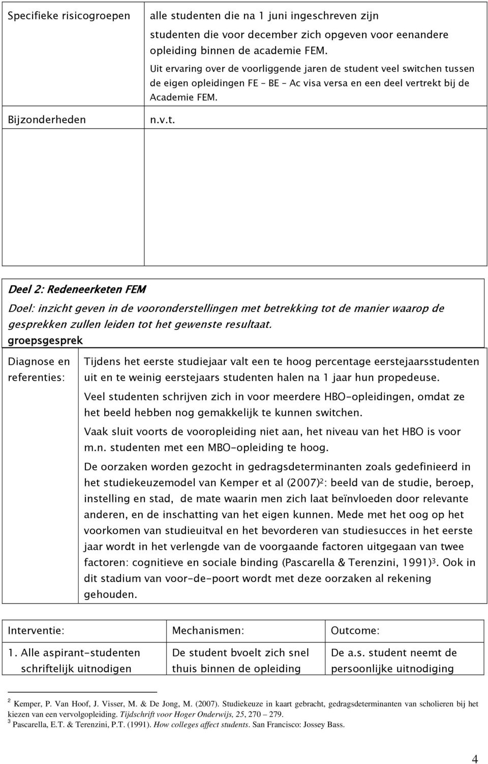 groepsgesprek Diagnose en referenties: Tijdens het eerste studiejaar valt een te hoog percentage eerstejaarsstudenten uit en te weinig eerstejaars studenten halen na 1 jaar hun propedeuse.