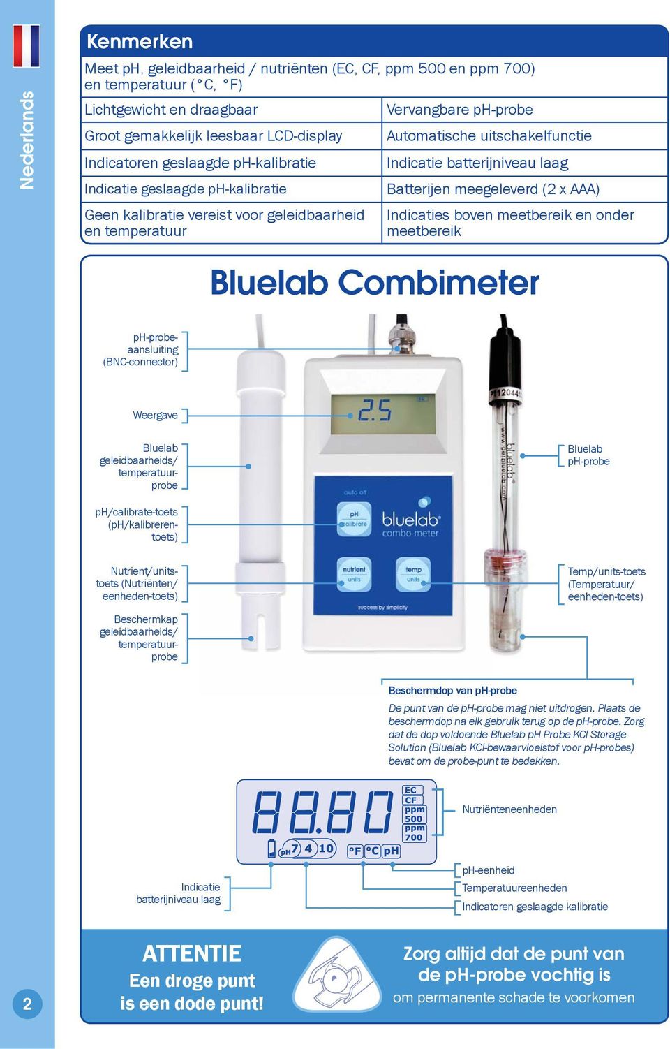 temperatuur Indicaties boven meetbereik en onder meetbereik Bluelab Combimeter ph-probeaansluiting (BNC-connector) Weergave Bluelab geleidbaarheids/ temperatuurprobe Bluelab ph-probe