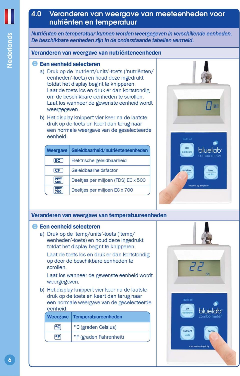 Veranderen van weergave van nutriënteneenheden Een eenheid selecteren a) Druk op de nutrient/units -toets ( nutriënten/ eenheden -toets) en houd deze ingedrukt totdat het display begint te knipperen.