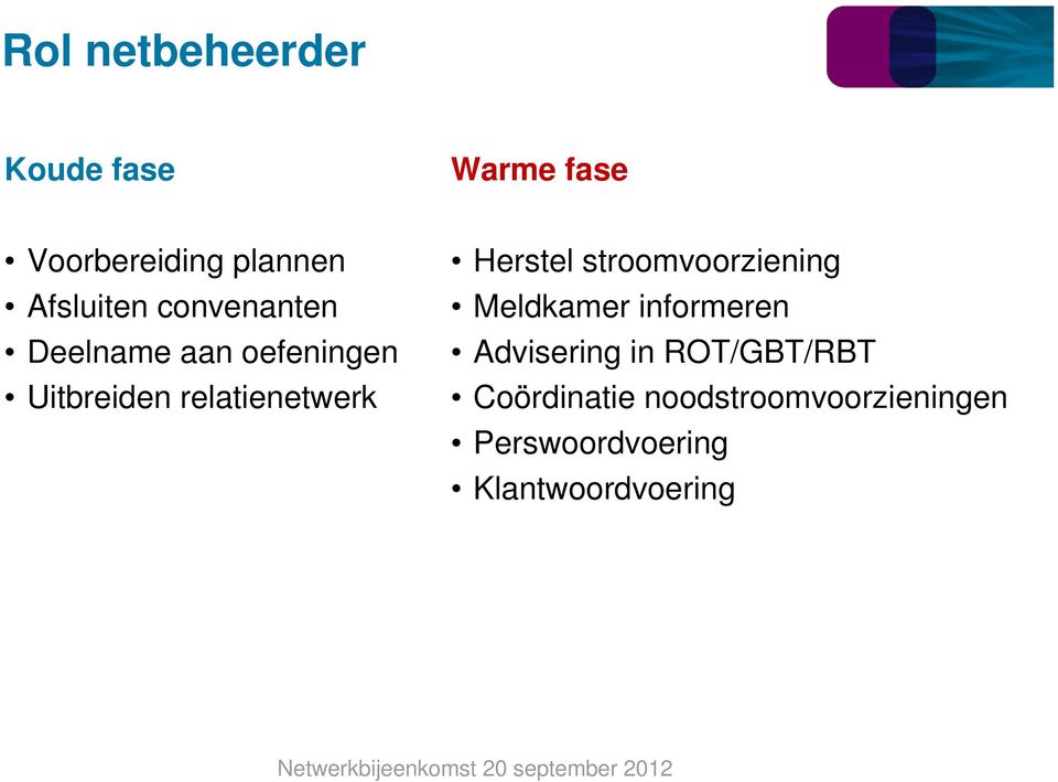 relatienetwerk Herstel stroomvoorziening Meldkamer informeren