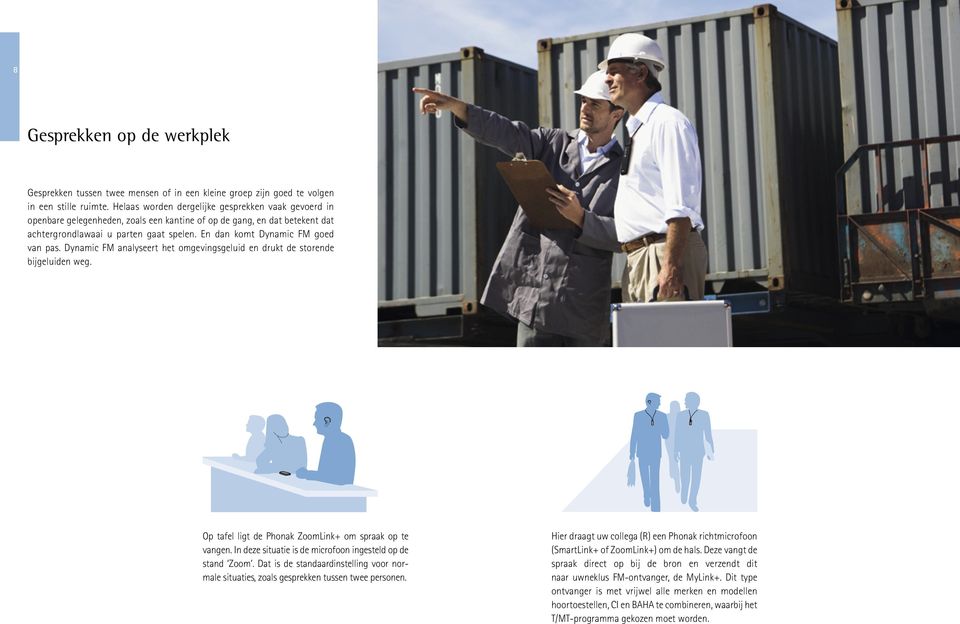 En dan komt Dynamic FM goed van pas. Dynamic FM analyseert het omgevingsgeluid en drukt de storende bijgeluiden weg. Op tafel ligt de Phonak ZoomLink+ om spraak op te vangen.