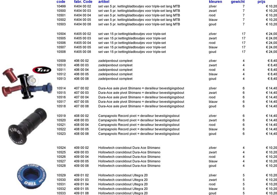 kettingbladboutjes voor triple-set lang MTB blauw 7 10,20 10503 K404 00 08 set van 5 pr. kettingbladboutjes voor triple-set lang MTB goud 7 10,20 10504 K405 00 02 set van 15 pr.