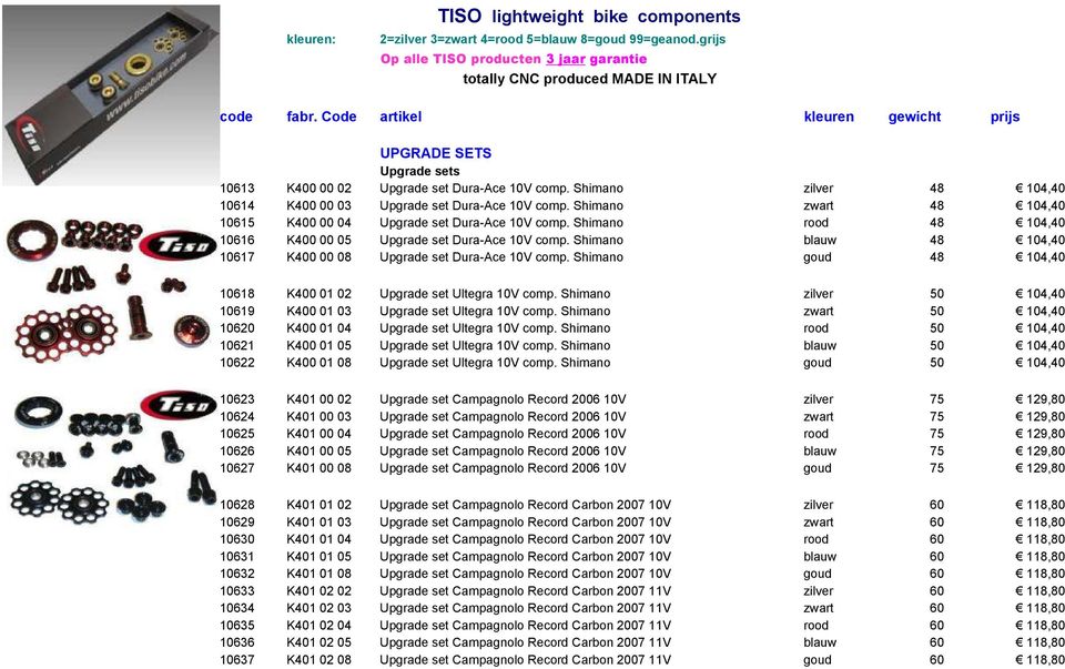 Shimano zwart 48 104,40 10615 K400 00 04 Upgrade set Dura-Ace 10V comp. Shimano rood 48 104,40 10616 K400 00 05 Upgrade set Dura-Ace 10V comp.