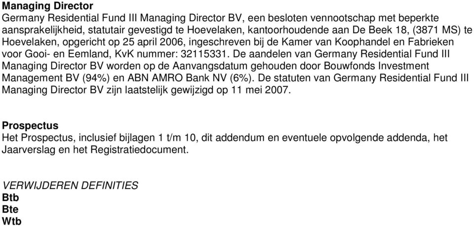 De aandelen van Germany Residential Fund III Managing Director BV worden op de Aanvangsdatum gehouden door Bouwfonds Investment Management BV (94%) en ABN AMRO Bank NV (6%).