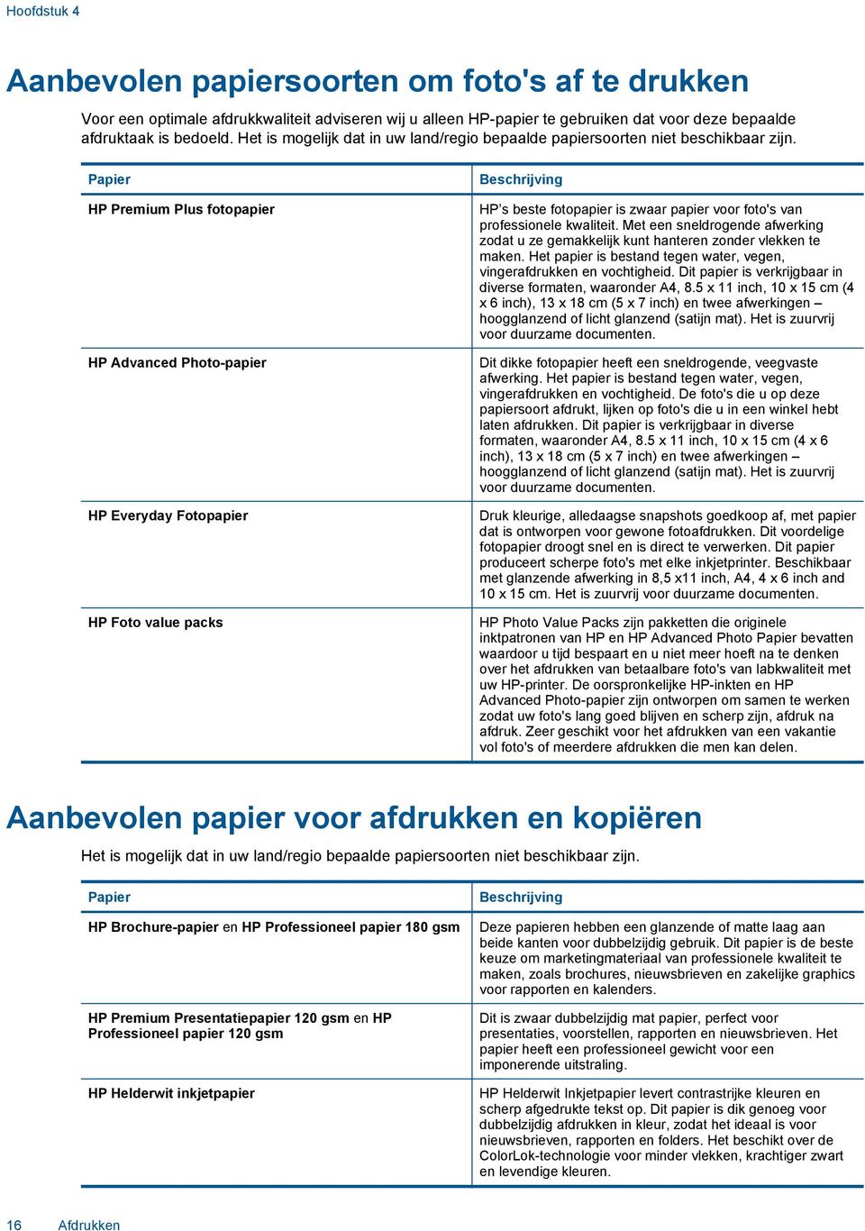 Papier HP Premium Plus fotopapier HP Advanced Photo-papier HP Everyday Fotopapier HP Foto value packs Beschrijving HP s beste fotopapier is zwaar papier voor foto's van professionele kwaliteit.