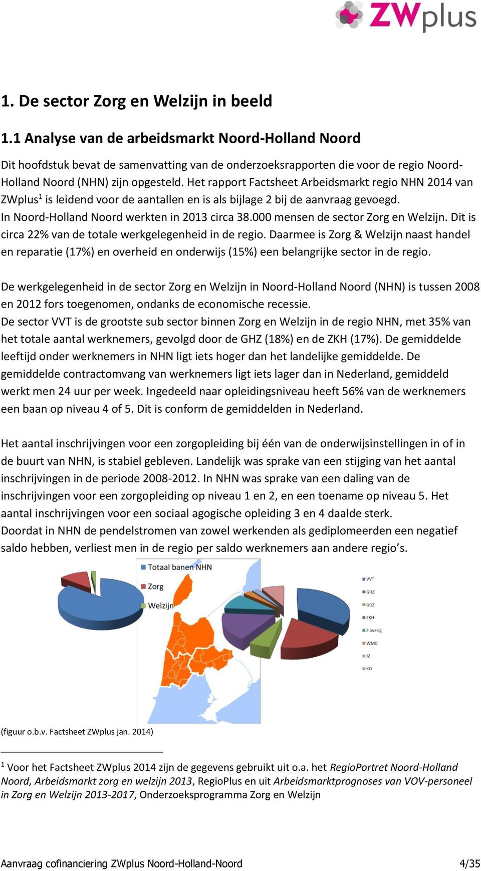 Het rapport Factsheet Arbeidsmarkt regio NHN 2014 van ZWplus 1 is leidend voor de aantallen en is als bijlage 2 bij de aanvraag gevoegd. In Noord-Holland Noord werkten in 2013 circa 38.