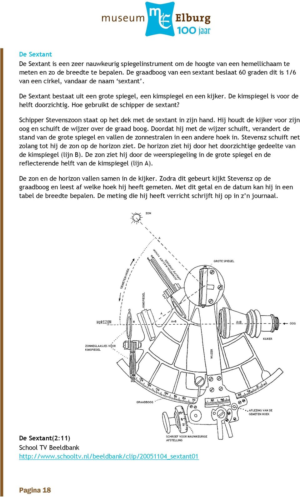 De kimspiegel is voor de helft doorzichtig. Hoe gebruikt de schipper de sextant? Schipper Stevenszoon staat op het dek met de sextant in zijn hand.