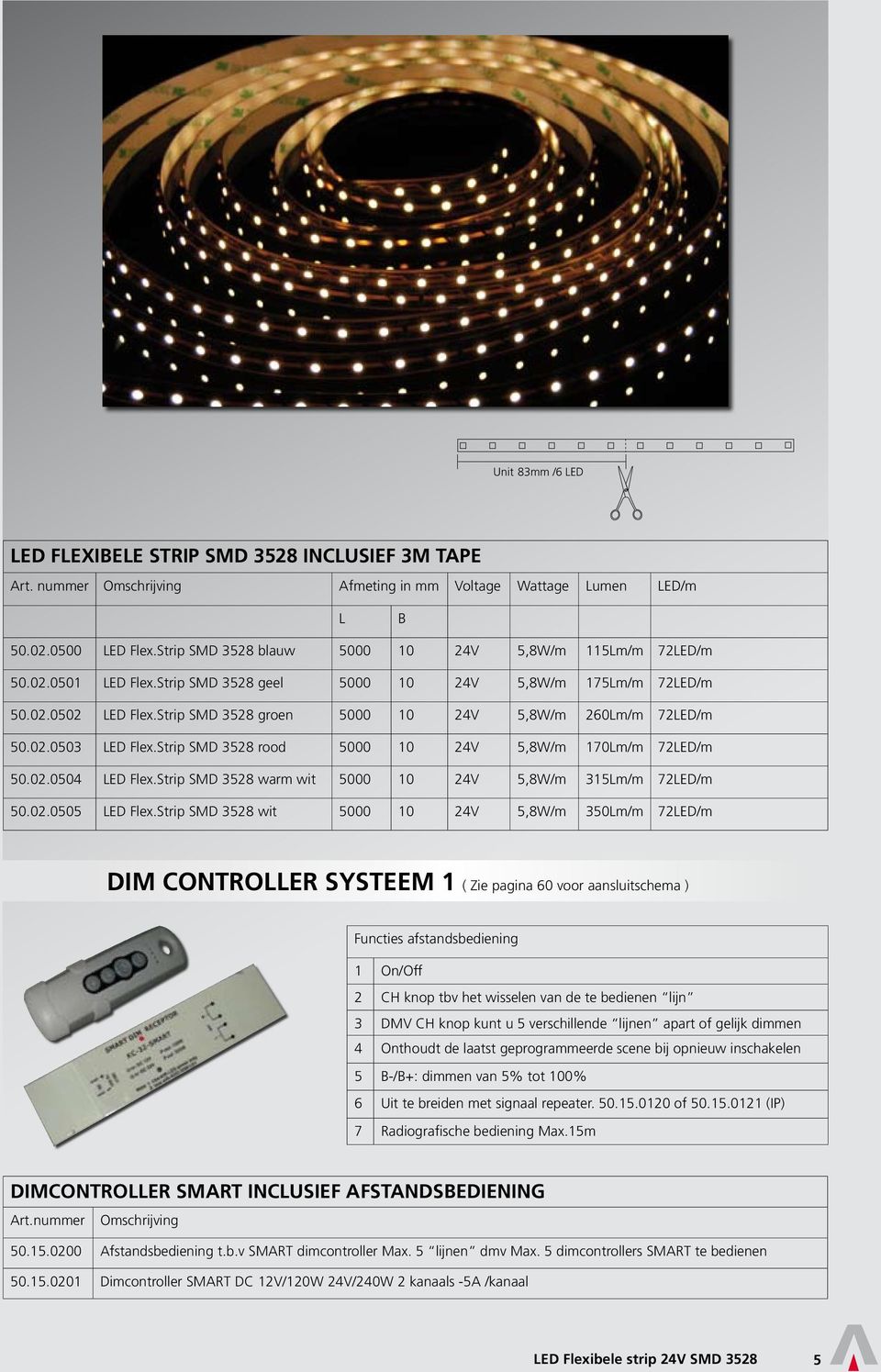 Strip SMD 3528 groen 5000 10 24V 5,8W/m 260Lm/m 72LED/m 50.02.0503 LED Flex.Strip SMD 3528 rood 5000 10 24V 5,8W/m 170Lm/m 72LED/m 50.02.0504 LED Flex.