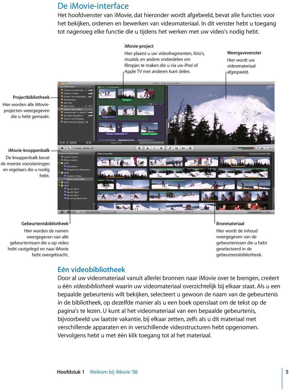 imovie-project Hier plaatst u uw videofragmenten, foto's, muziek, en andere onderdelen om filmpjes te maken die u via uw ipod of Apple TV met anderen kunt delen.