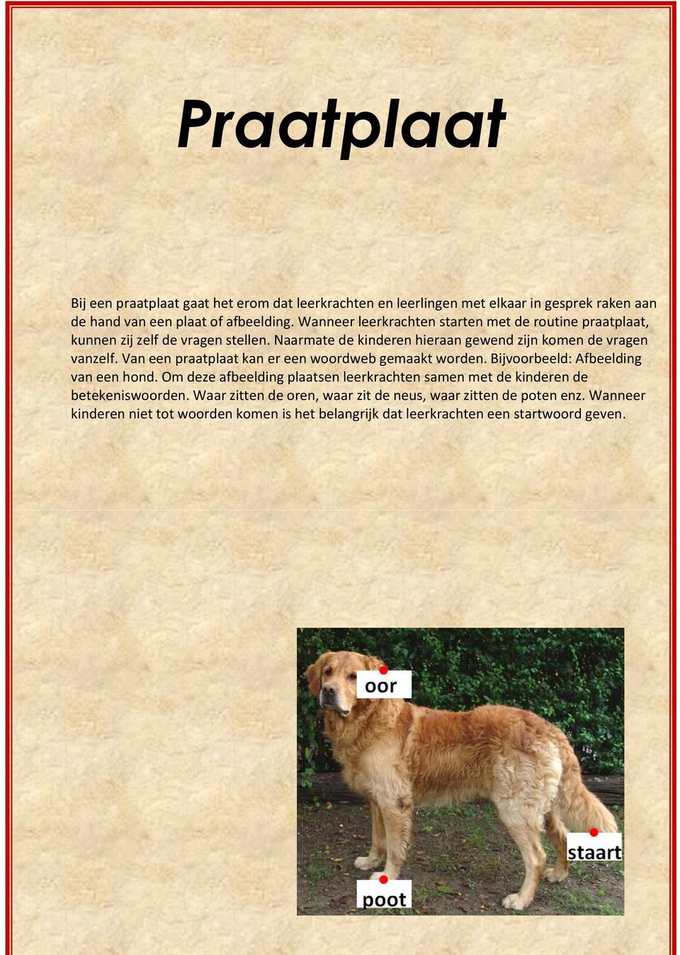 Van een praatplaat kan er een woordweb gemaakt worden. Bijvoorbeeld: Afbeelding van een hond.