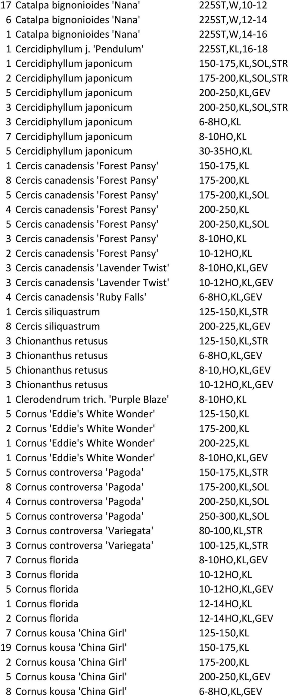 200-250,KL,SOL,STR 3 Cercidiphyllum japonicum 6-8HO,KL 7 Cercidiphyllum japonicum 8-10HO,KL 5 Cercidiphyllum japonicum 30-35HO,KL 1 Cercis canadensis 'Forest Pansy' 150-175,KL 8 Cercis canadensis