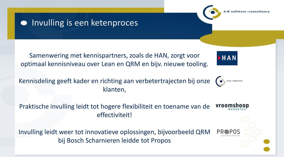 Kennisdeling geeft kader en richting aan verbetertrajecten bij onze klanten, Praktische invulling leidt