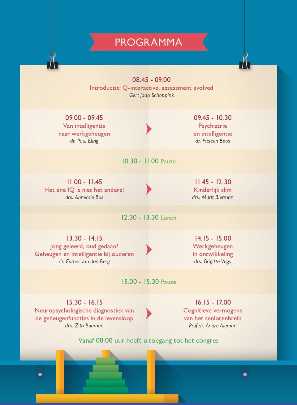 30 Lunch 13.30-14.15 Jong geleerd, oud gedaan? Geheugen en intelligentie bij ouderen dr. Esther van den Berg 14.15-15.00 Werkgeheugen in ontwikkeling drs. Brigitte Vugs 15.00-15.