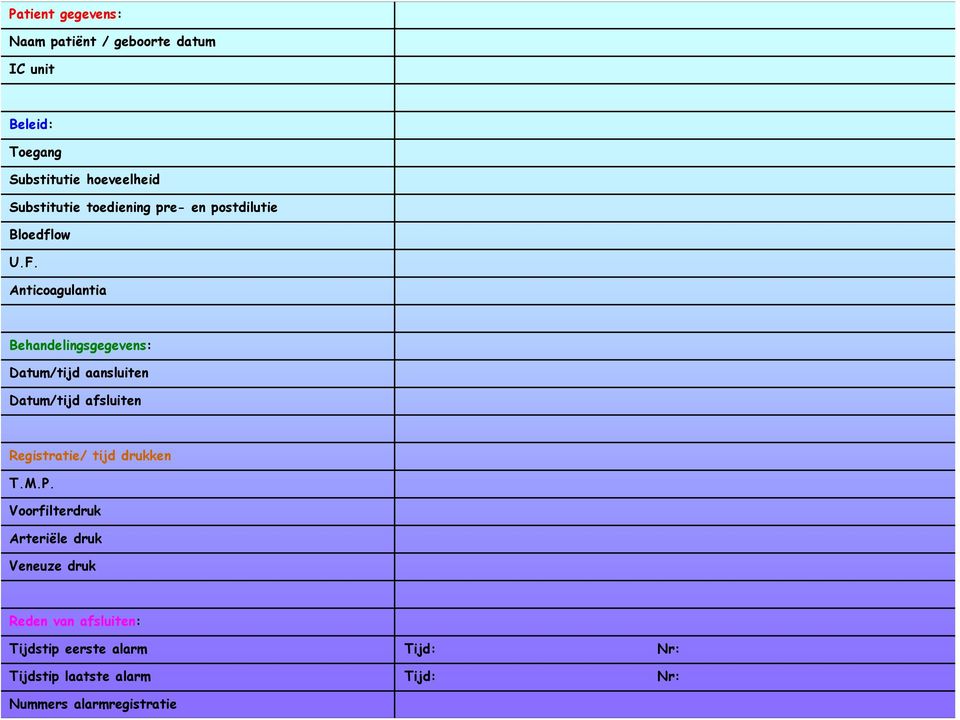 Anticoagulantia Behandelingsgegevens: Datum/tijd aansluiten Datum/tijd afsluiten Registratie/ tijd